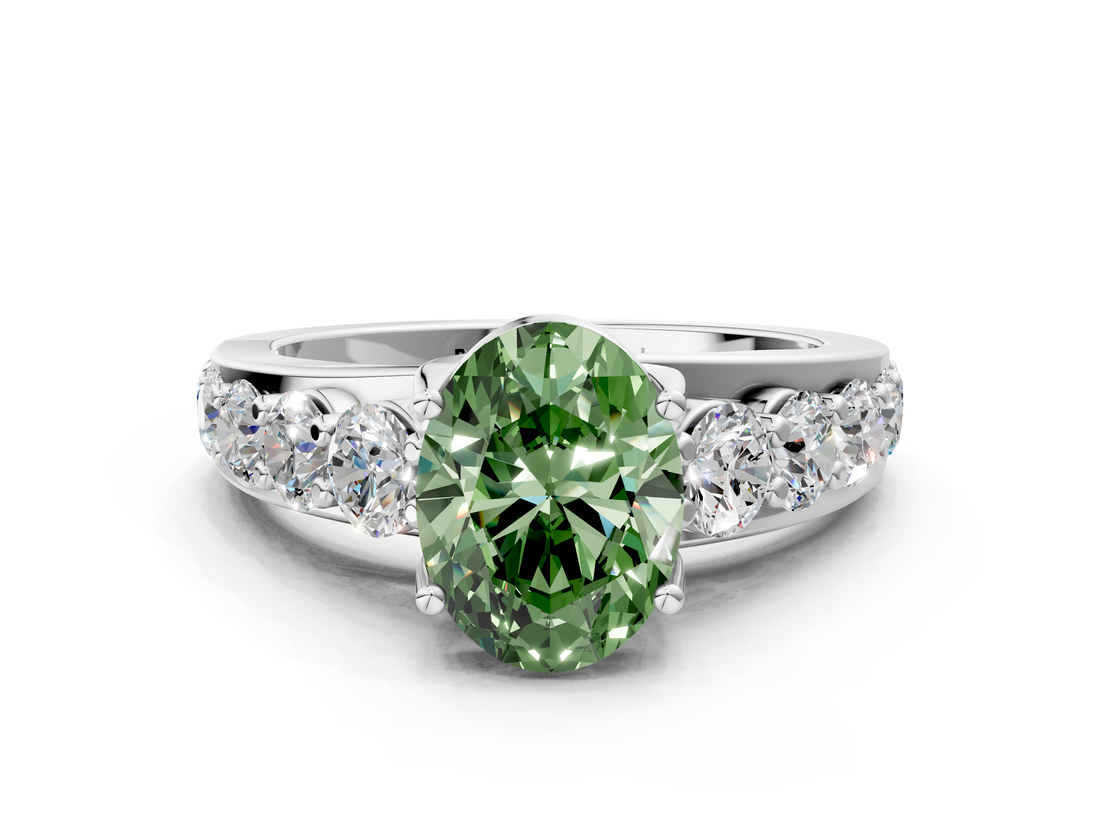 White gold Fancy Green Oval  Cut Diamond Engagement Ring with Pavé Band and Four-Prong Setting_3