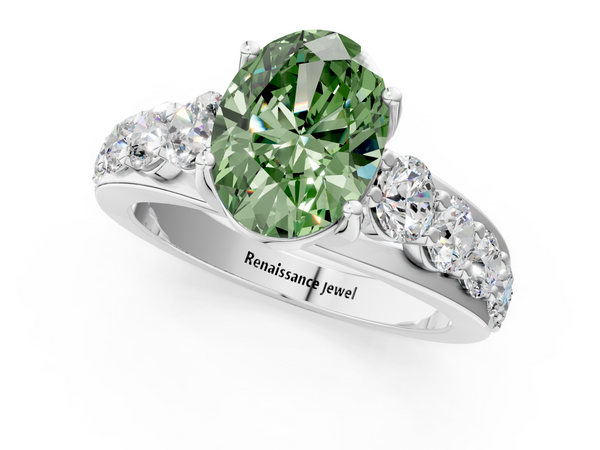 Platinum Fancy Green Oval Cut Diamond Engagement Ring with Pavé Band and Four-Prong Setting