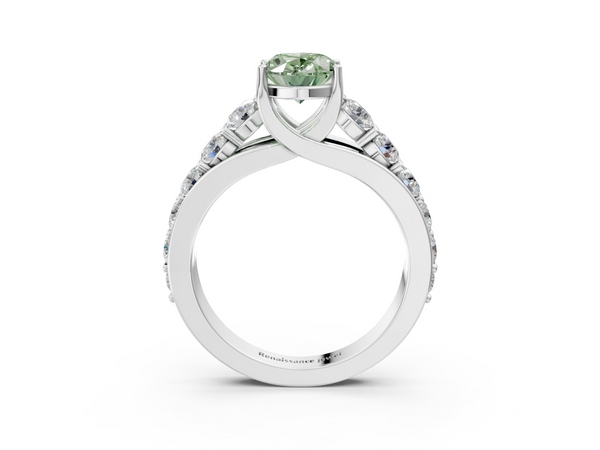 Platinum Fancy Green Oval Cut Diamond Engagement Ring with Pavé Band and Four-Prong Setting