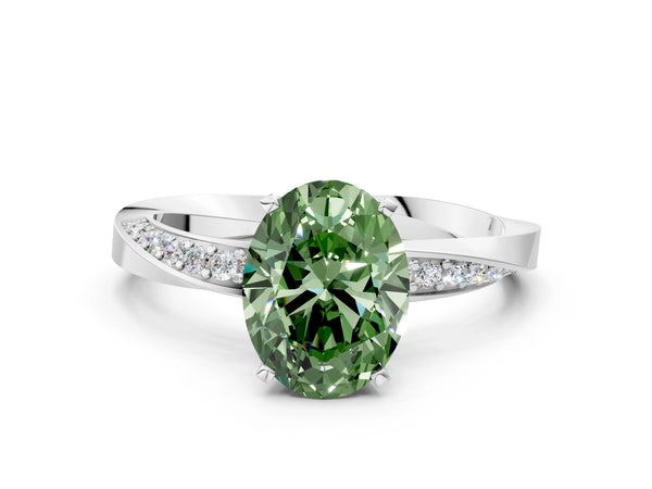 White gold Fancy Green Oval Cut Diamond Engagement Ring with Side Stone Accents and Four-Prong Setting