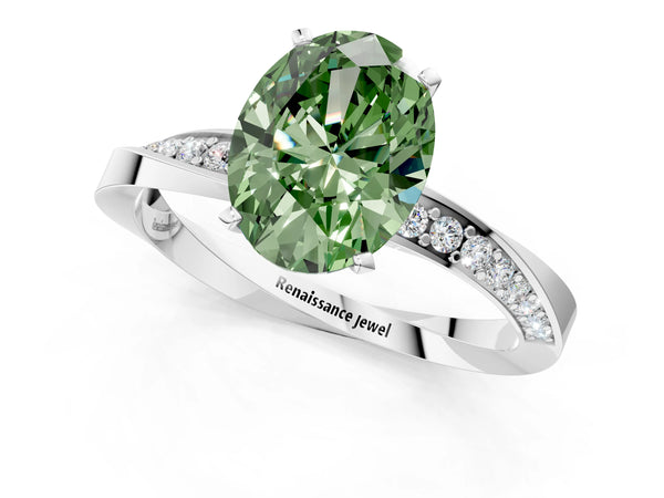 White gold Fancy Green Oval Cut Diamond Engagement Ring with Side Stone Accents and Four-Prong Setting