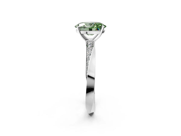 White gold Fancy Green Oval Cut Diamond Engagement Ring with Side Stone Accents and Four-Prong Setting