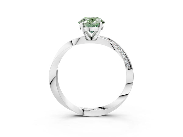 White gold Fancy Green Oval Cut Diamond Engagement Ring with Side Stone Accents and Four-Prong Setting