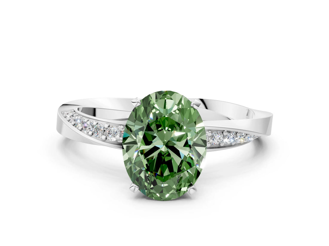 White gold Fancy Green Oval Cut Diamond Engagement Ring with Side Stone Accents and Four-Prong Setting_84