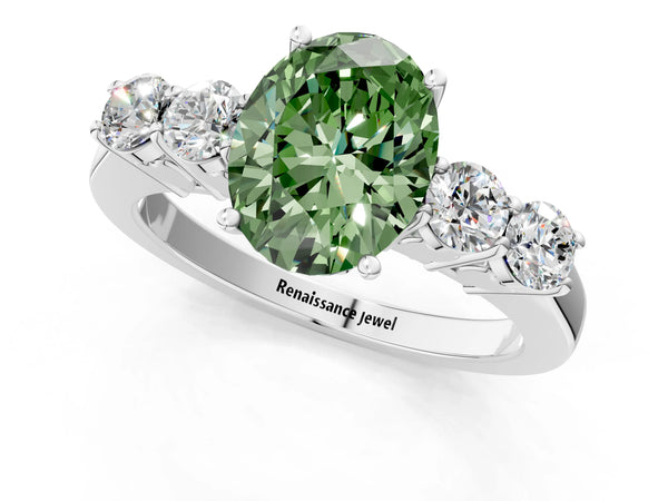 White gold Fancy Green Oval  Cut Diamond Five-Stone Prong Set White Gold Ring