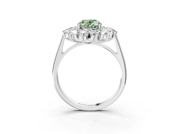 White Gold Oval Floral Double Halo Engagement Ring Setting for Fancy Green Center