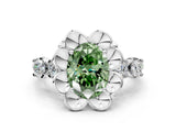 White gold Fancy Green Oval  Cut Diamond Floral Halo Engagement Ring with Shared Prong Setting 1