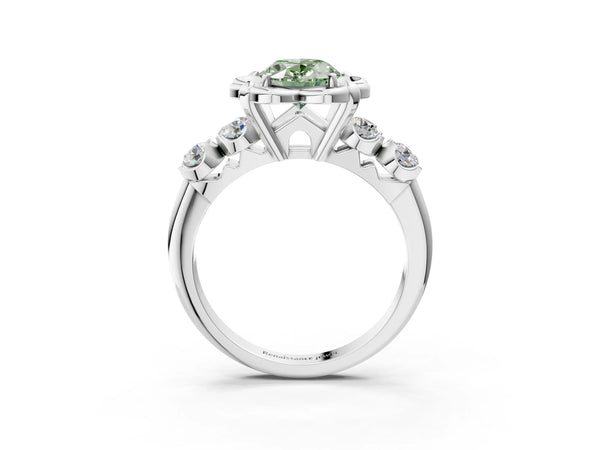 White gold Fancy Green Oval  Cut Diamond Floral Halo Engagement Ring with Shared Prong Setting