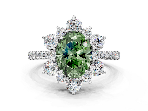 White gold Fancy Green Oval  Cut Diamond Floral Halo Pave Band with Prong Setting