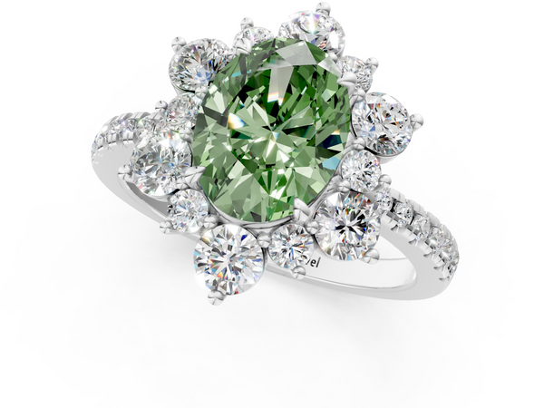 White gold Fancy Green Oval  Cut Diamond Floral Halo Pave Band with Prong Setting