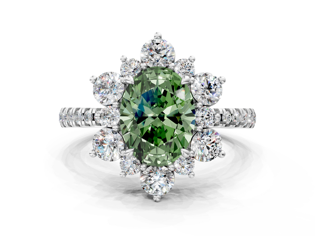 White gold Fancy Green Oval  Cut Diamond Floral Halo Pave Band with Prong Setting_38