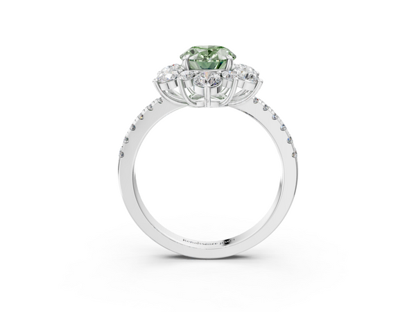 White gold Fancy Green Oval  Cut Diamond Floral Halo Pave Band with Prong Setting