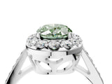 White gold Fancy Green Oval Cut Diamond Floral Halo Ring with Pavé Band and Prong Setting_11