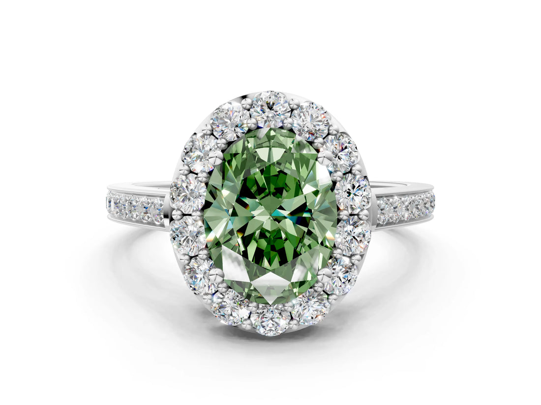 White gold Fancy Green Oval Cut Diamond Floral Halo Ring with Pavé Band and Prong Setting_7