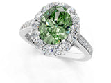 White gold Fancy Green Oval Cut Diamond Floral Halo Ring with Pavé Band and Prong Setting_8