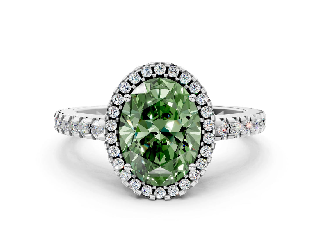 White gold Fancy Green Oval Cut Diamond Halo Engagement Ring with Pavé Band and Prong Setting_39