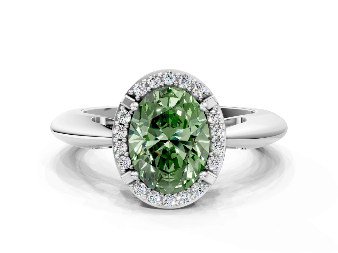 White gold Fancy Green Oval  Cut Diamond Halo Engagement Ring with Split Shank and Four-Prong Setting_89