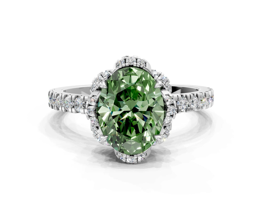 White gold Fancy Green Oval Cut Diamond Halo Pave Band with Four-Prong Setting_3