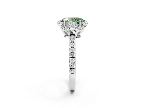 White gold Fancy Green Oval Cut Diamond Halo Pave Band with Four-Prong Setting