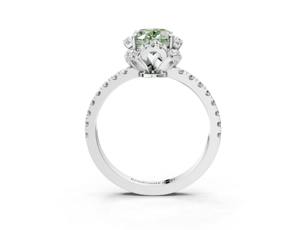 White gold Fancy Green Oval Cut Diamond Halo Pave Band with Four-Prong Setting