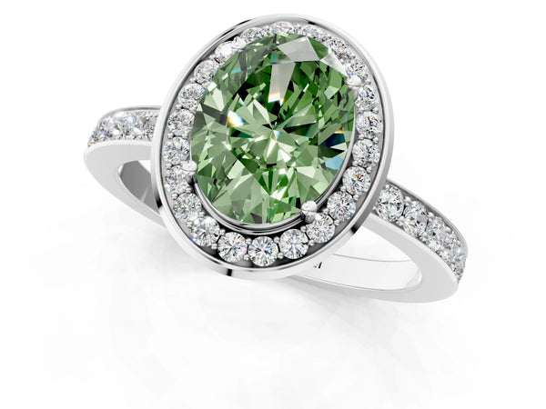 White gold Fancy Green Oval Cut Diamond Halo Ring with Bezel Frame and Pavé Band