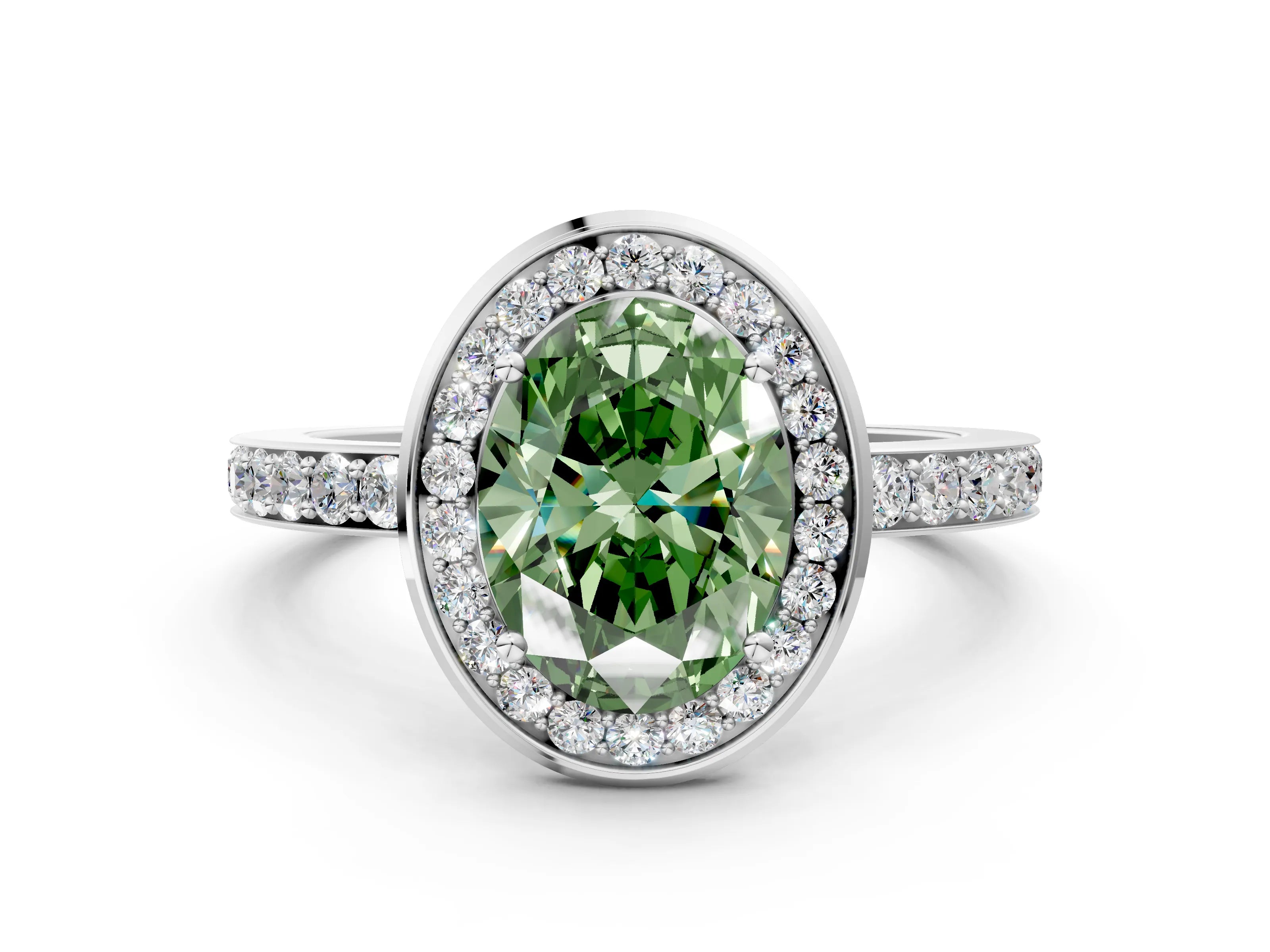 White gold Fancy Green Oval Cut Diamond Halo Ring with Bezel Frame and Pavé Band