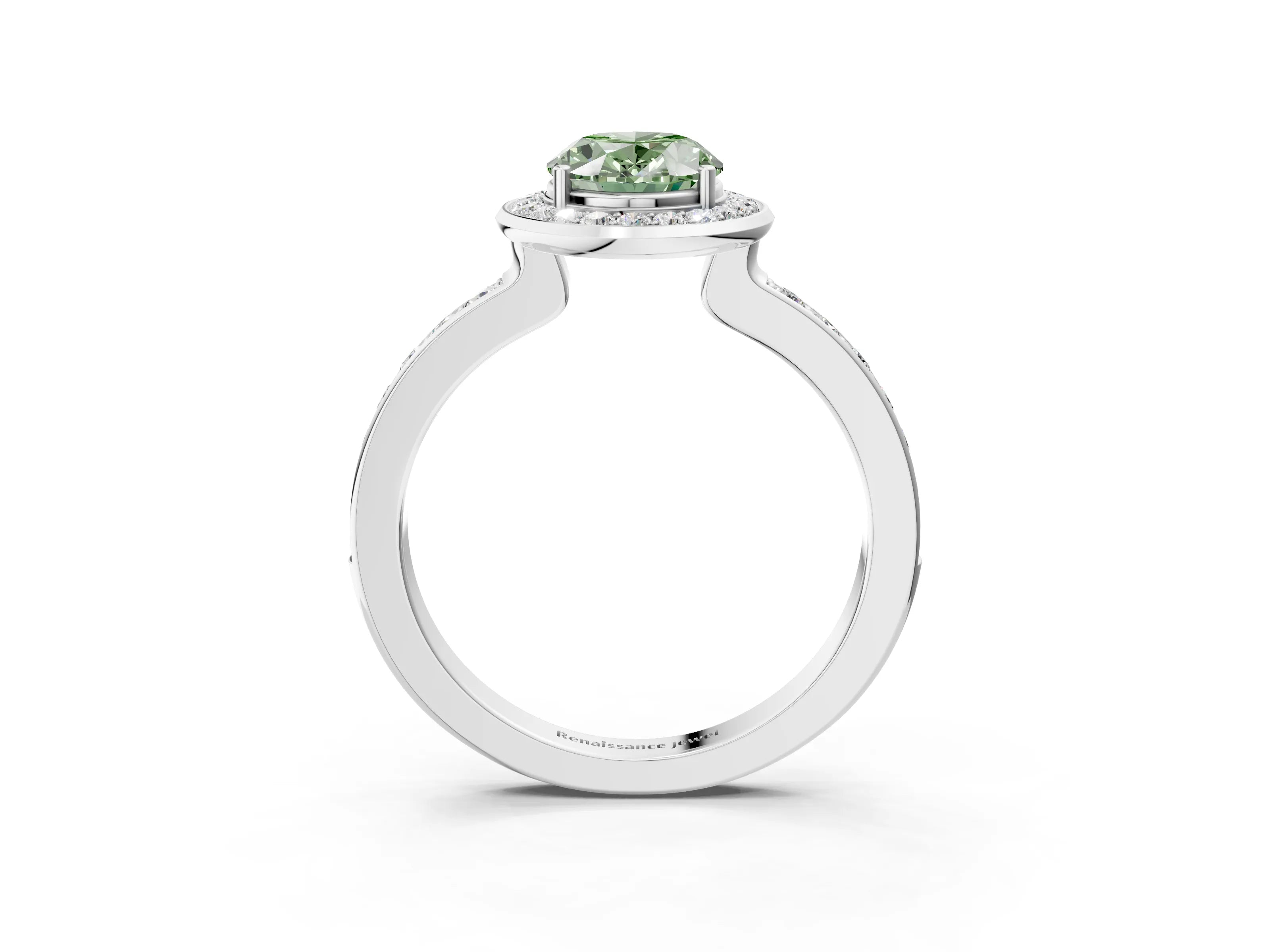 White gold Fancy Green Oval Cut Diamond Halo Ring with Bezel Frame and Pavé Band_3