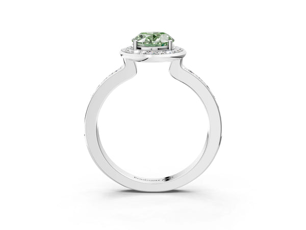 White gold Fancy Green Oval Cut Diamond Halo Ring with Bezel Frame and Pavé Band