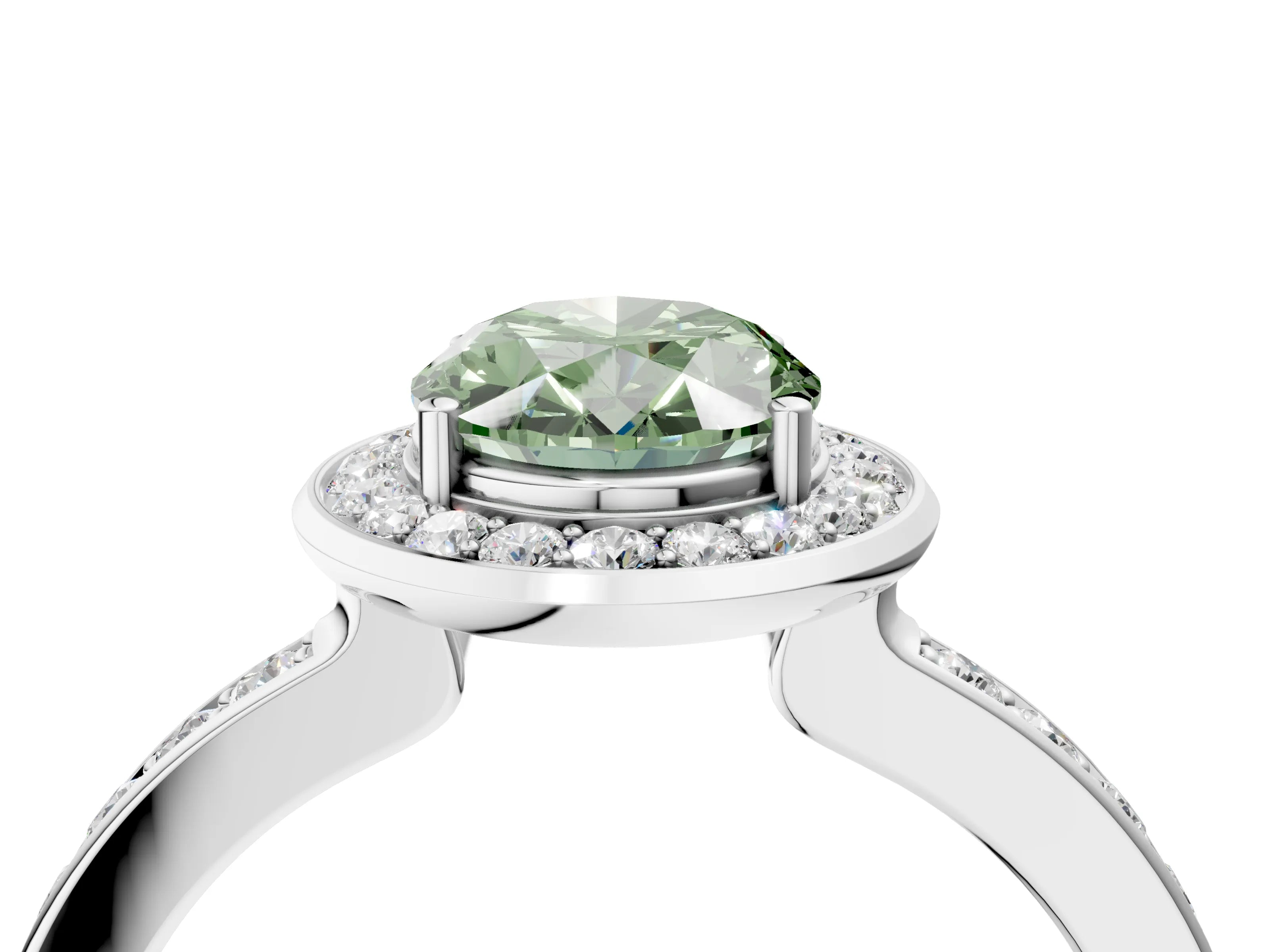 White gold Fancy Green Oval Cut Diamond Halo Ring with Bezel Frame and Pavé Band_4