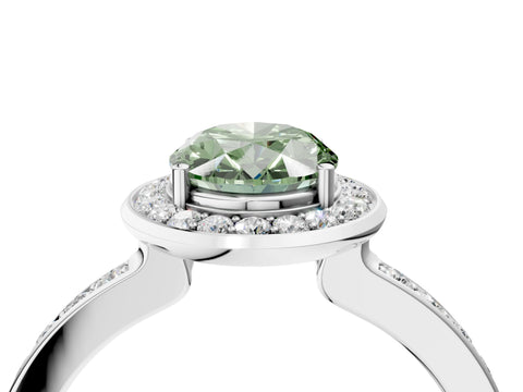White gold Fancy Green Oval Cut Diamond Halo Ring with Bezel Frame and Pavé Band_4