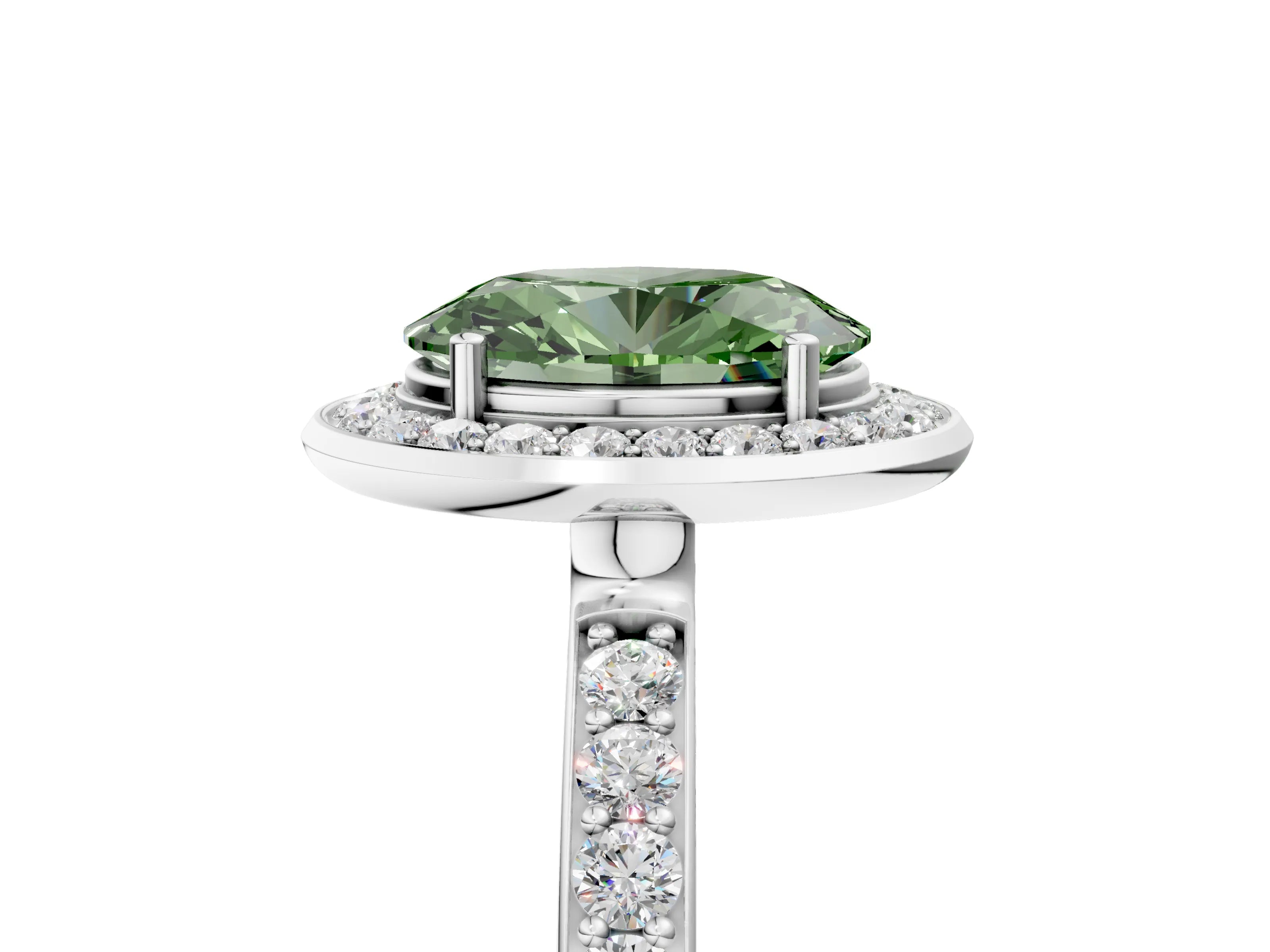 White gold Fancy Green Oval Cut Diamond Halo Ring with Bezel Frame and Pavé Band_5