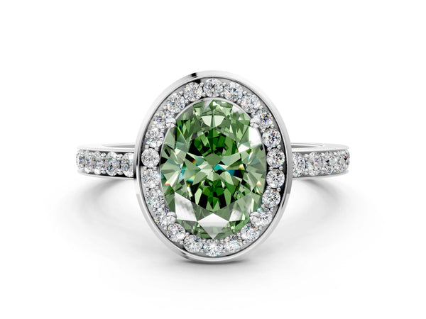 White gold Fancy Green Oval Cut Diamond Halo Ring with Bezel Frame and Pavé Band