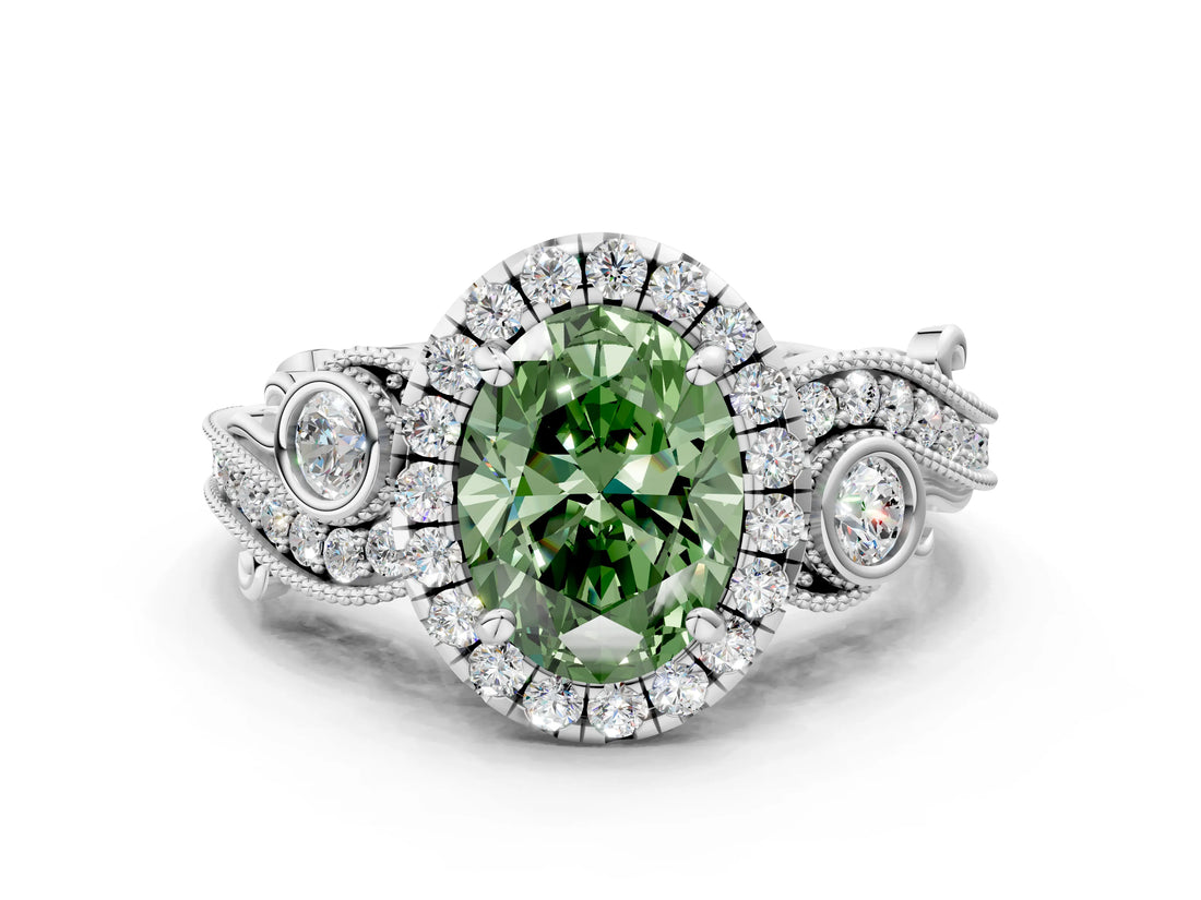 White gold Fancy Green Oval Cut Diamond Halo Ring with Milgrain Pavé Band and Four-Prong Setting_67