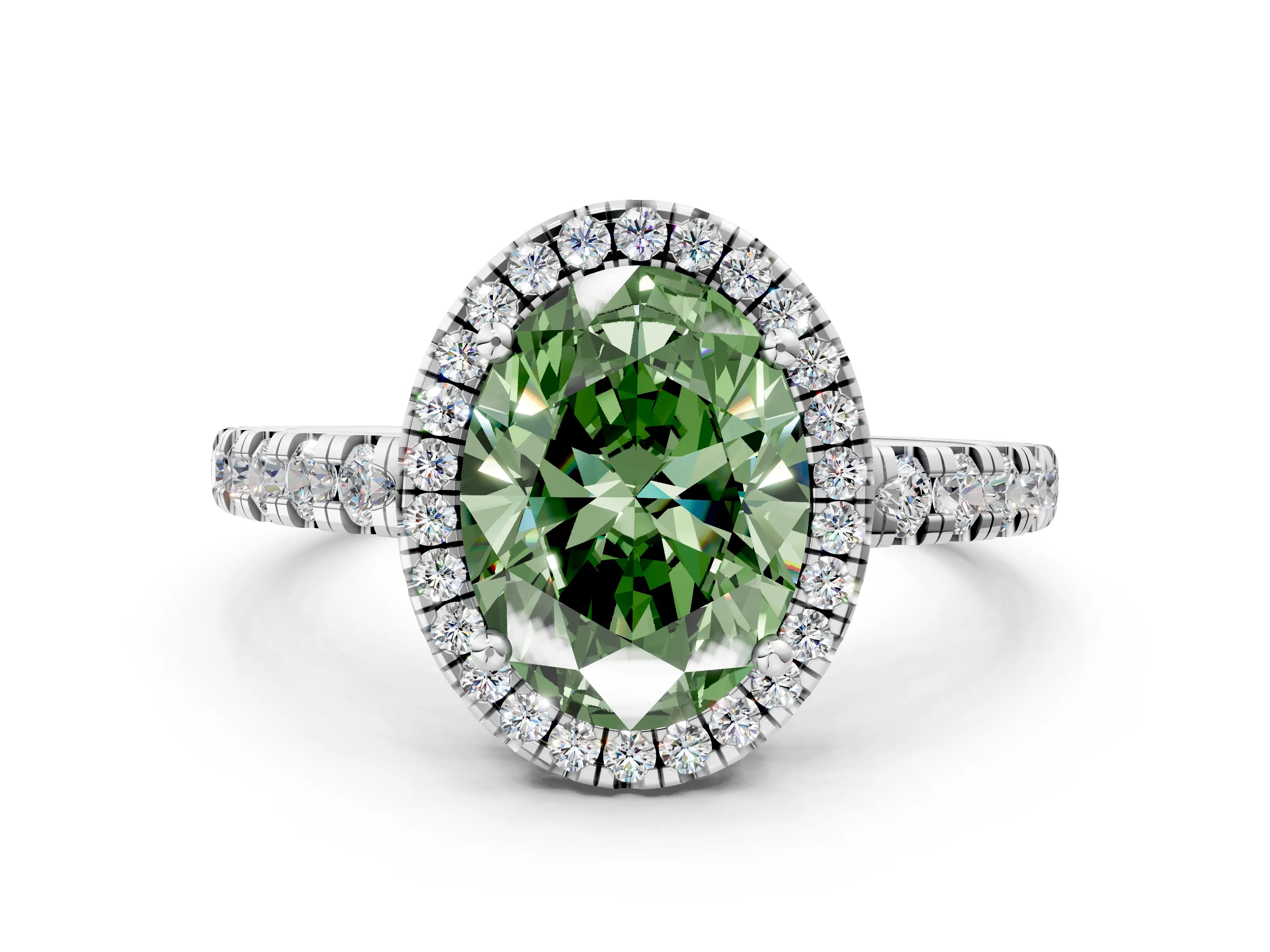 White gold Fancy Green Oval Cut Diamond Halo Ring with Pavé Band and Four-Prong Setting