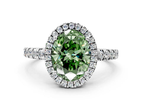 White gold Fancy Green Oval Cut Diamond Halo Ring with Pavé Band and Four-Prong Setting