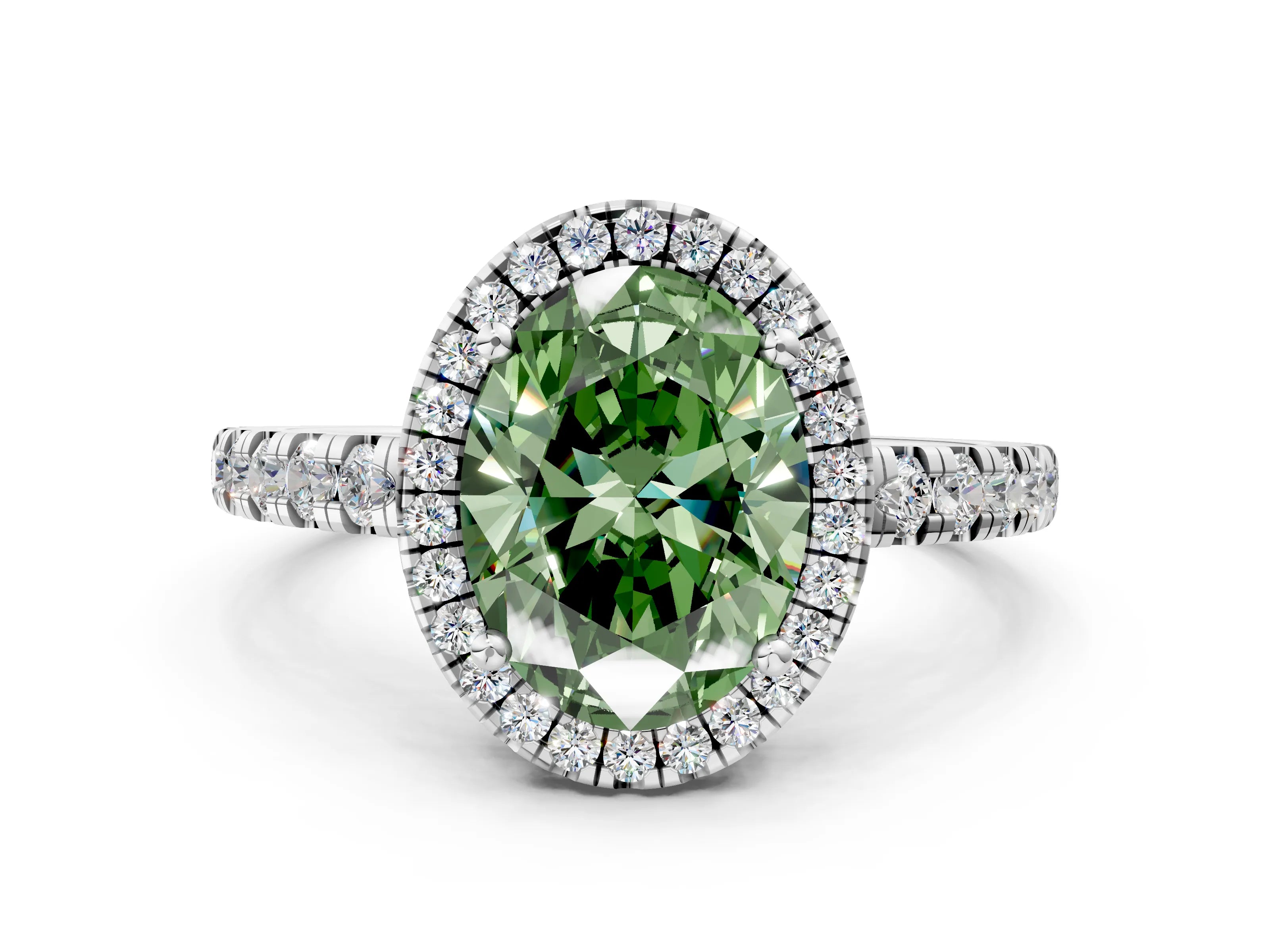 White gold Fancy Green Oval Cut Diamond Halo Ring with Pavé Band and Four-Prong Setting_12
