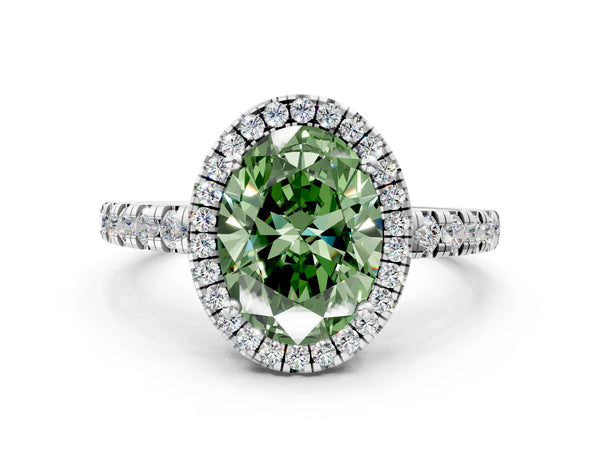 Platinum Fancy Green Oval Cut Diamond Halo Ring with Pavé Band and Four-Prong Setting