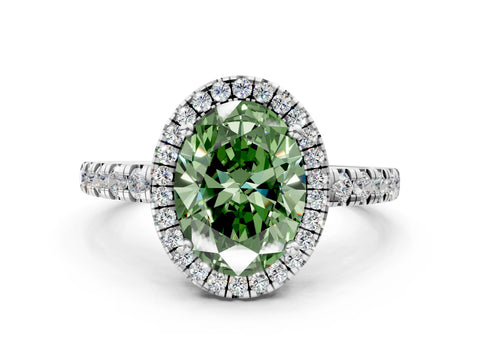 White gold Fancy Green Oval Cut Diamond Halo Ring with Pavé Band and Four-Prong Setting_12