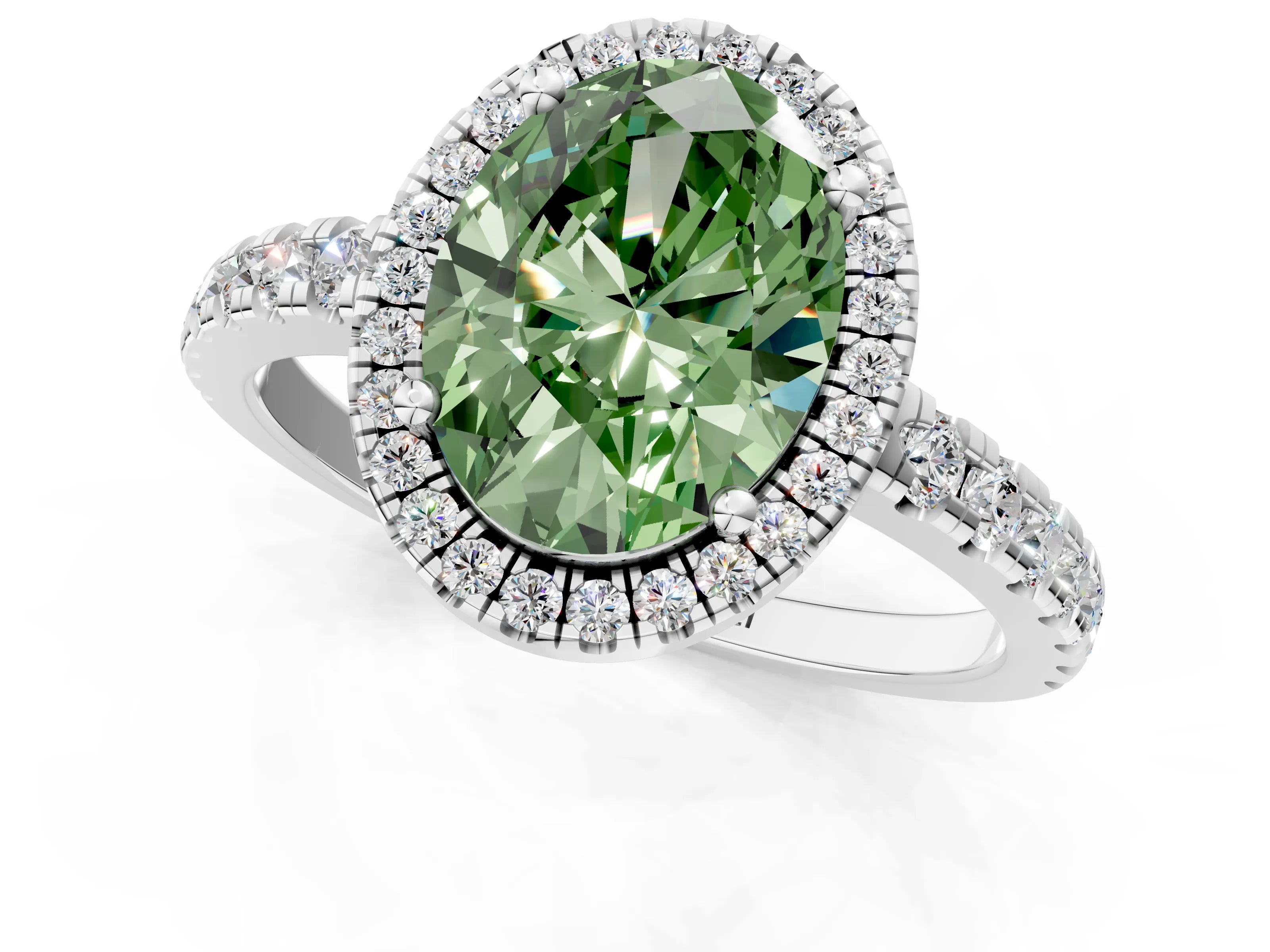 White gold Fancy Green Oval Cut Diamond Halo Ring with Pavé Band and Four-Prong Setting_13