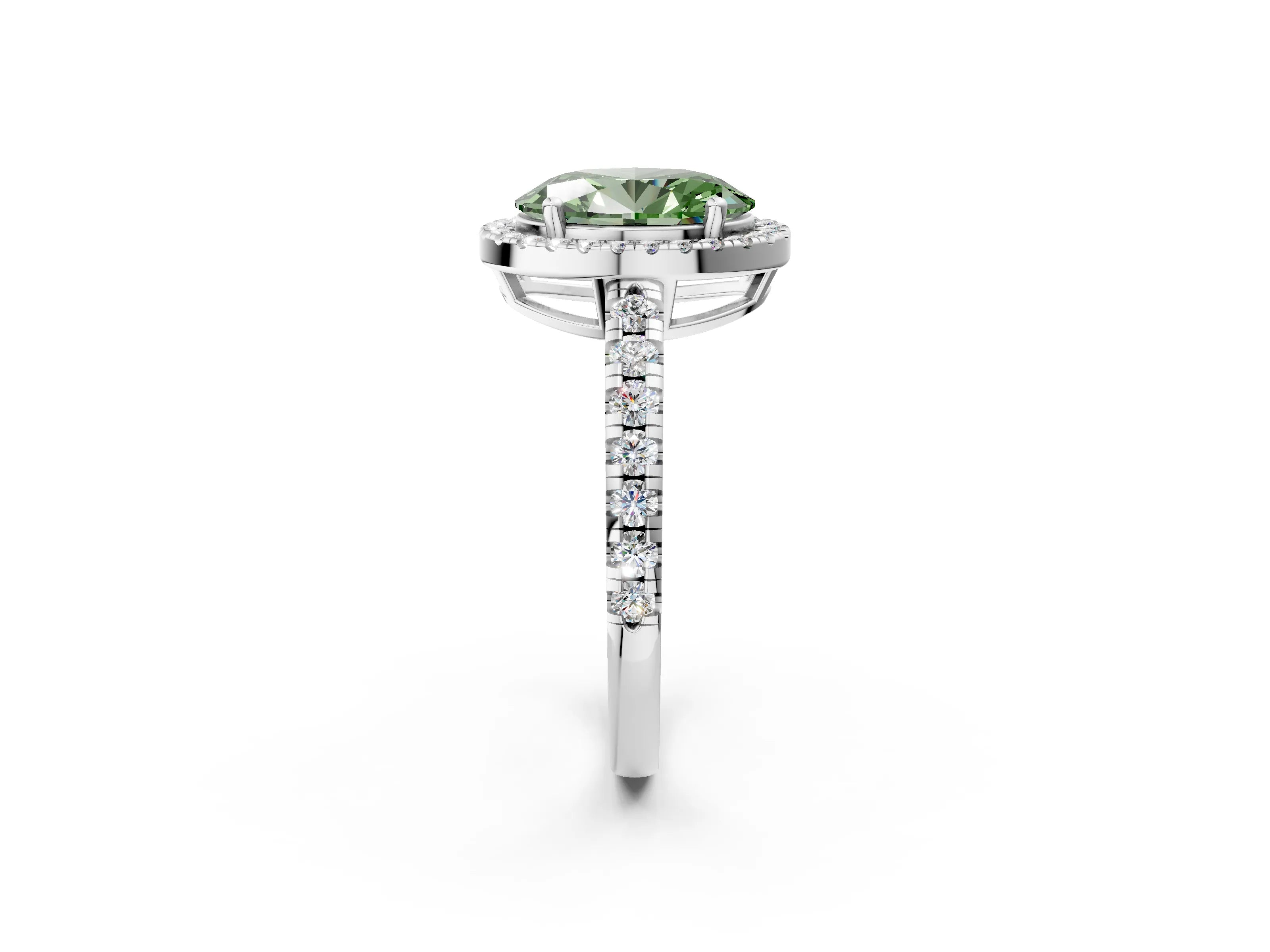 White gold Fancy Green Oval Cut Diamond Halo Ring with Pavé Band and Four-Prong Setting_14