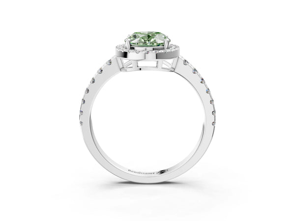 Platinum Fancy Green Oval Cut Diamond Halo Ring with Pavé Band and Four-Prong Setting