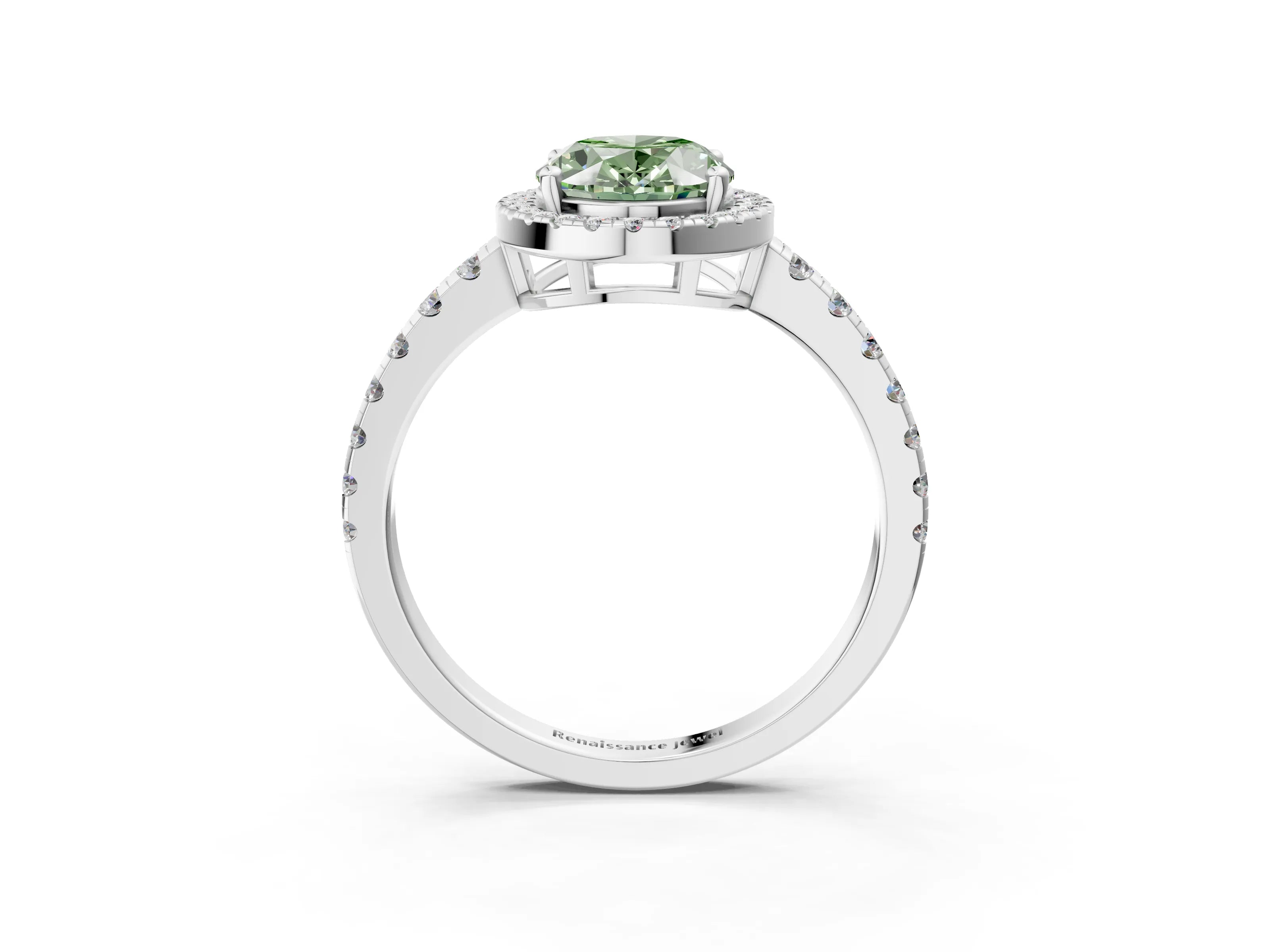 White gold Fancy Green Oval Cut Diamond Halo Ring with Pavé Band and Four-Prong Setting_15