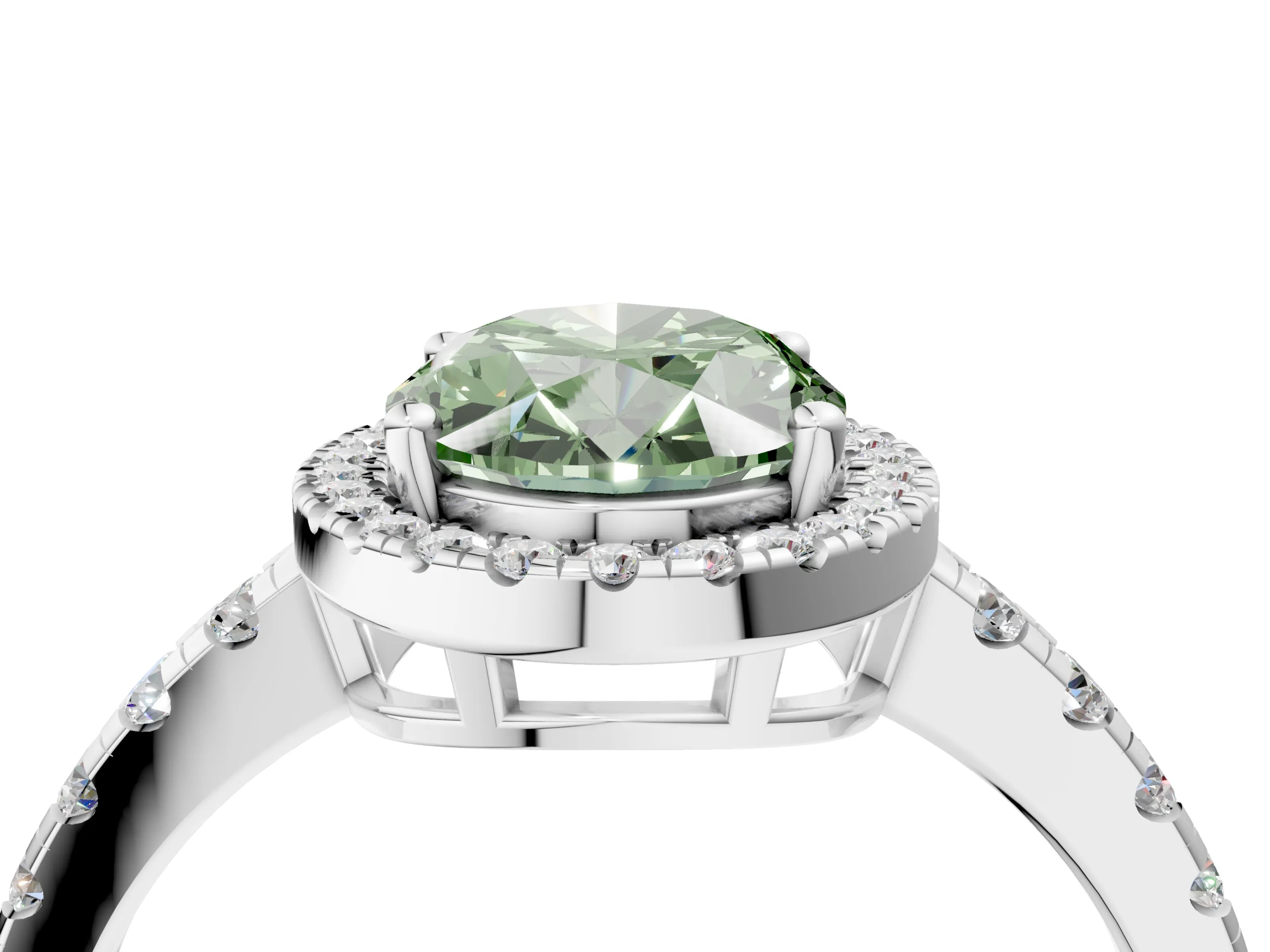 White gold Fancy Green Oval Cut Diamond Halo Ring with Pavé Band and Four-Prong Setting_16