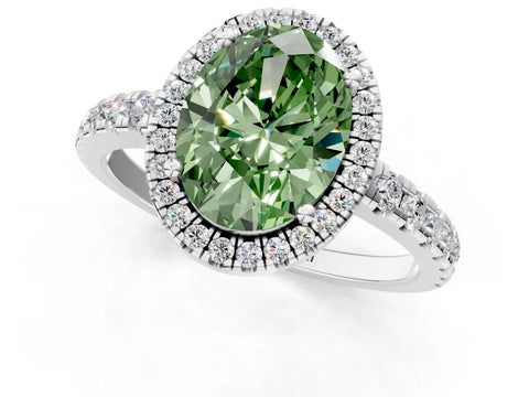 White gold Fancy Green Oval Cut Diamond Halo Ring with Pavé Band and Four-Prong Setting_1