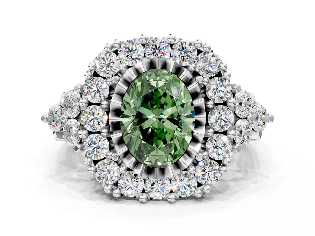 White gold Fancy Green Oval Cut Diamond Halo Ring with Pavé Band and Four-Prong Setting_70
