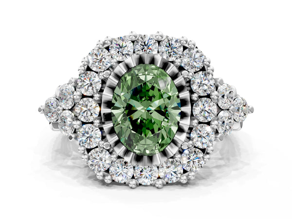 White gold Fancy Green Oval Cut Diamond Halo Ring with Pavé Band and Four-Prong Setting
