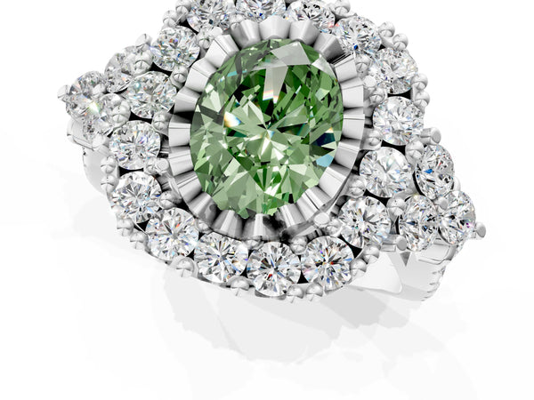 White gold Fancy Green Oval Cut Diamond Halo Ring with Pavé Band and Four-Prong Setting