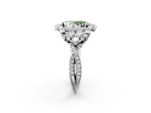 White gold Fancy Green Oval Cut Diamond Halo Ring with Pavé Band and Four-Prong Setting