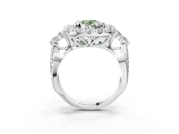 White gold Fancy Green Oval Cut Diamond Halo Ring with Pavé Band and Four-Prong Setting