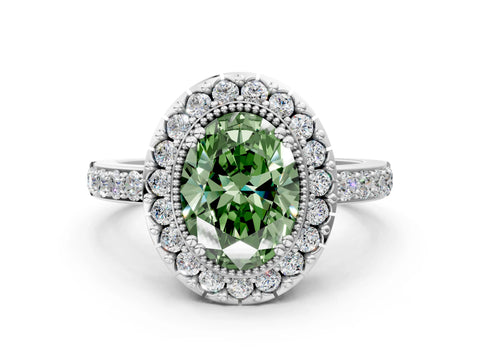 White gold Fancy Green Oval Cut Diamond Halo Ring with Pavé Band and Prong Setting_12